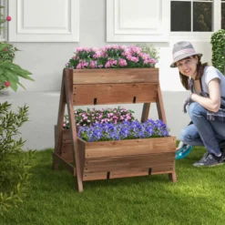 Vertikales Hochbeet mit 2 Etagen & 3 Pflanzkästen & Ablauflöchern Blumenbeet 66 x 73 x 73 cm Braun