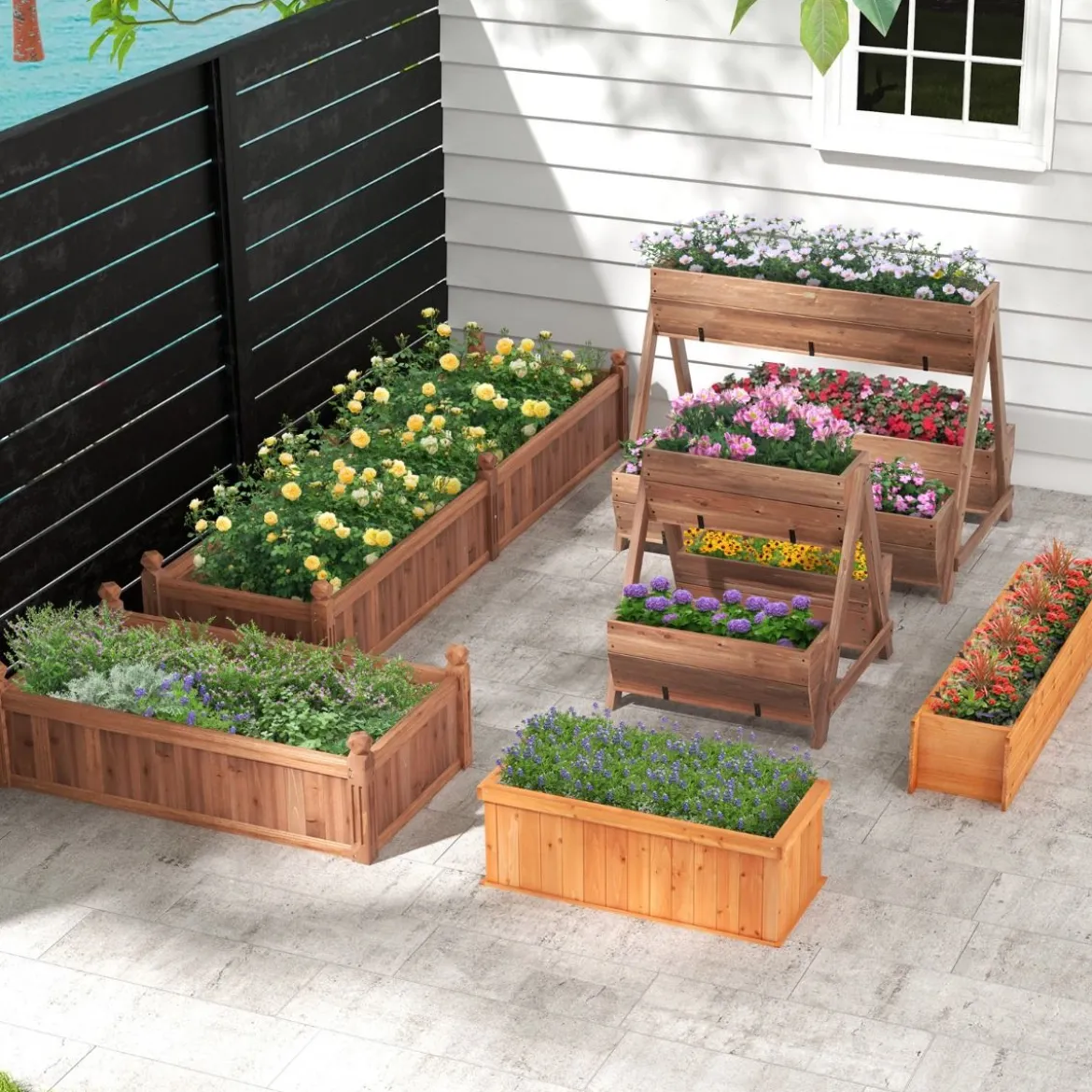 Vertikales Hochbeet mit 2 Etagen & 3 Pflanzkästen & Ablauflöchern Blumenbeet 66 x 73 x 73 cm Braun