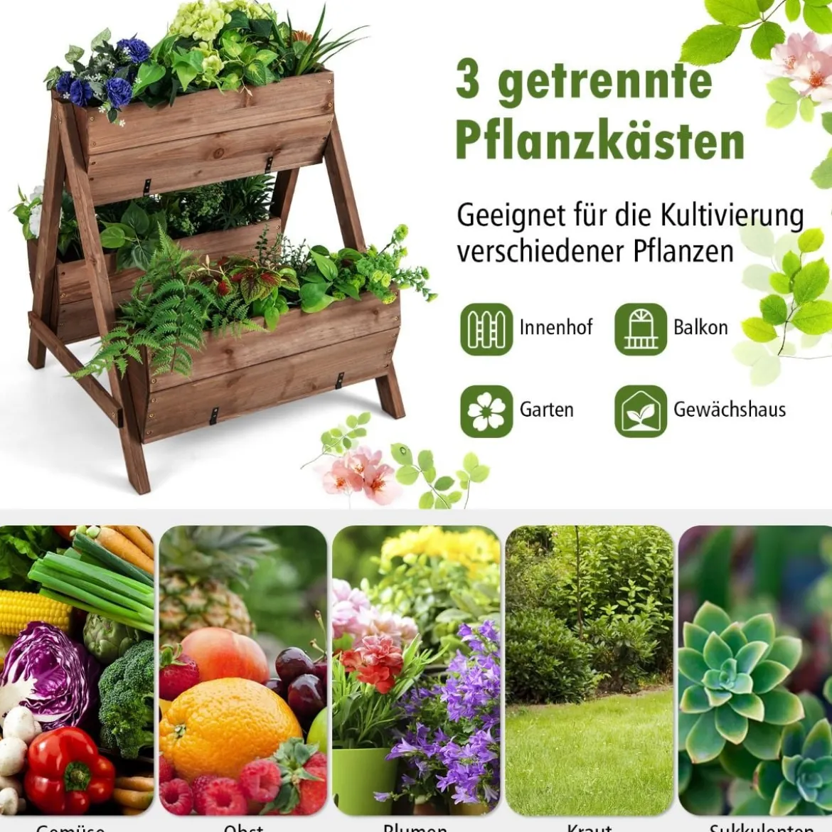 Vertikales Hochbeet mit 2 Etagen & 3 Pflanzkästen & Ablauflöchern Blumenbeet 66 x 73 x 73 cm Braun