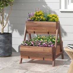 Vertikales Hochbeet mit 2 Etagen & 3 Pflanzkästen & Ablauflöchern Blumenbeet 66 x 73 x 73 cm Braun