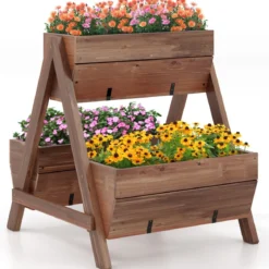 Vertikales Hochbeet mit 2 Etagen & 3 Pflanzkästen & Ablauflöchern Blumenbeet 66 x 73 x 73 cm Braun