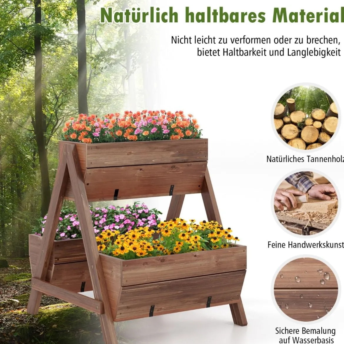 Vertikales Hochbeet mit 2 Etagen & 3 Pflanzkästen & Ablauflöchern Blumenbeet 66 x 73 x 73 cm Braun