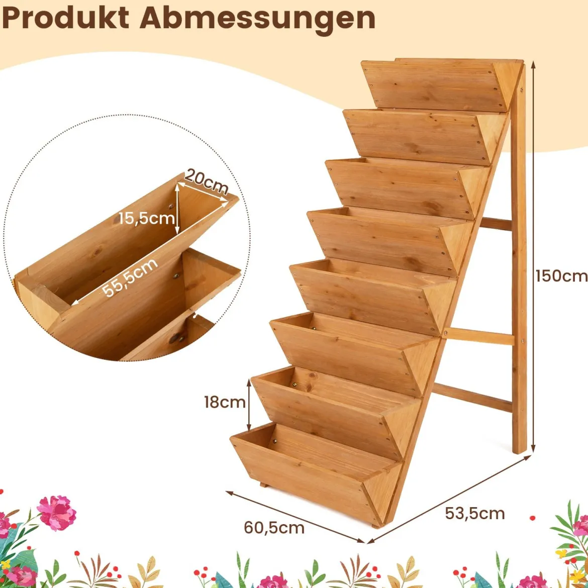 Vertikales Hochbeet mit 8 Etagen aus Tannenholz Blumenbeet mit Pflanzkästen Blumentreppe Orange