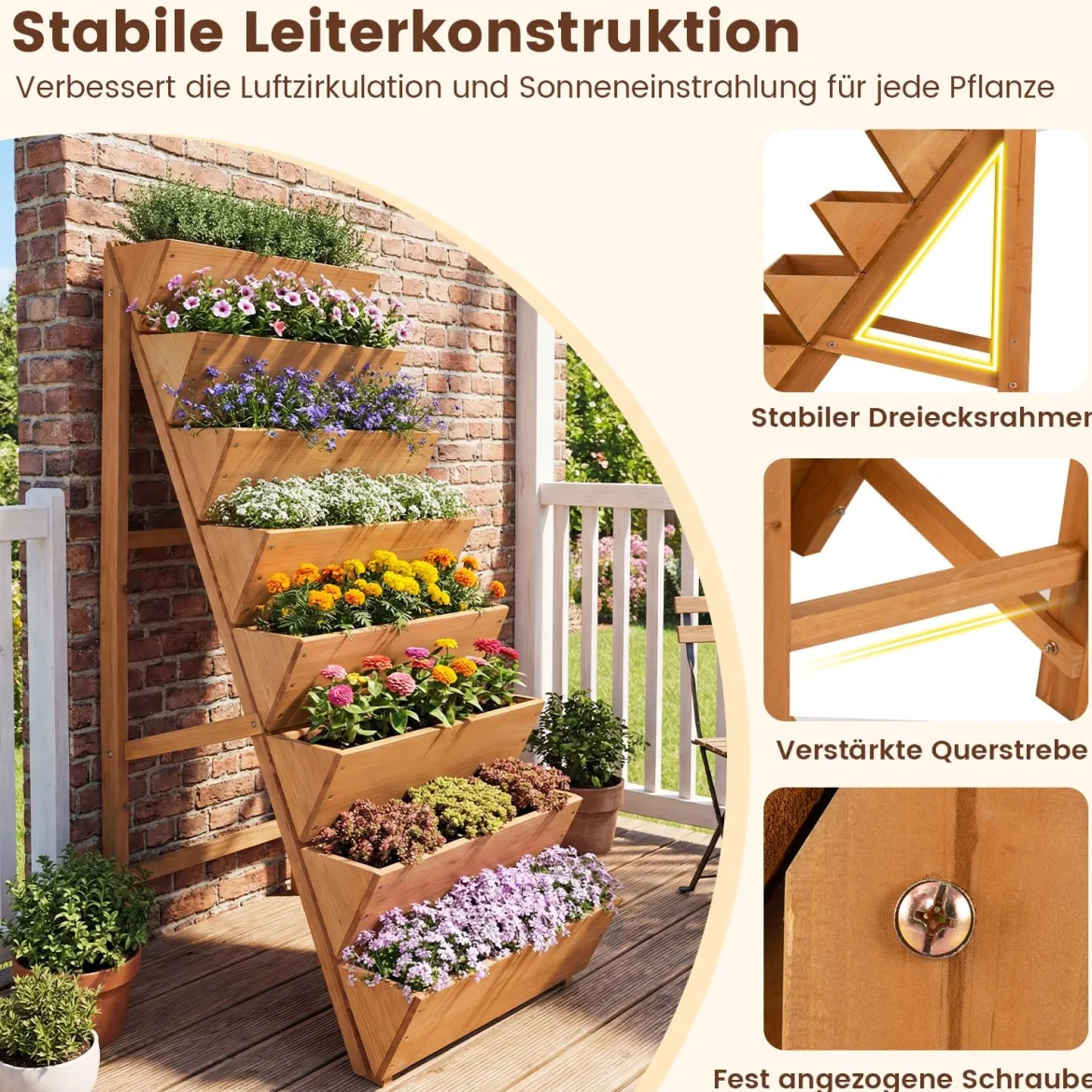 Vertikales Hochbeet mit 8 Etagen aus Tannenholz Blumenbeet mit Pflanzkästen Blumentreppe Orange