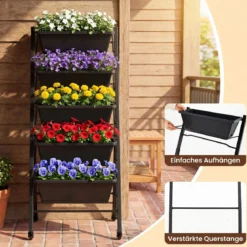 Vertikales Hochbeet mit Rollen 5 Etagen Blumentreppe aus Metall 57 x 68 x 117 cm