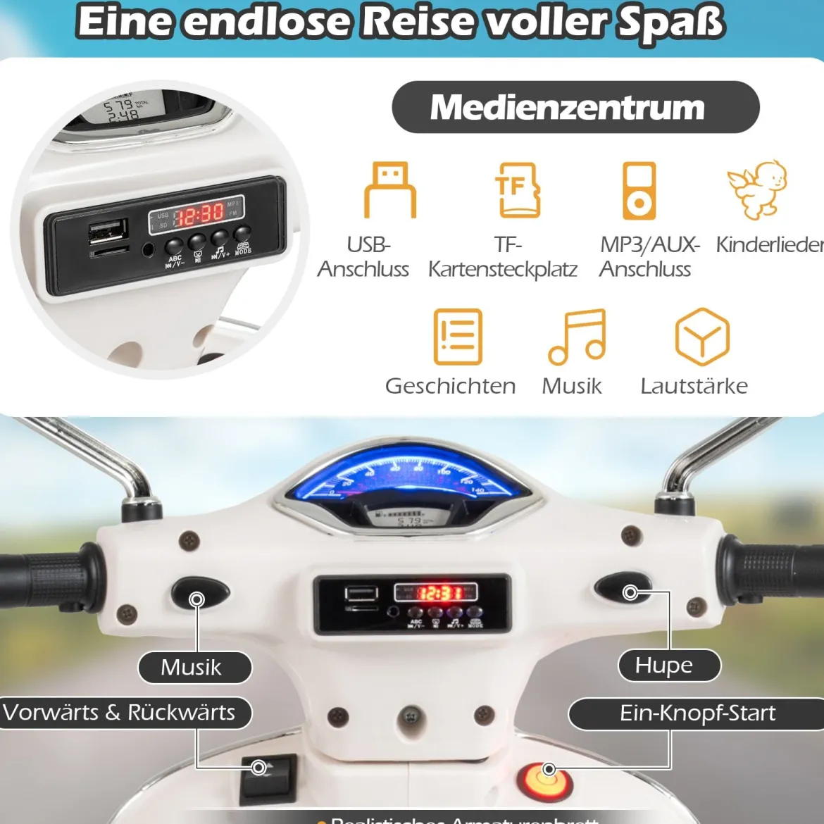 VESPA Kinder Motorrad mit LED-Scheinwerfer & Hupe Elektro Kindermotorrad Elektrofahrzeug Weiß