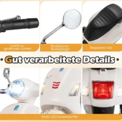VESPA Kinder Motorrad mit LED-Scheinwerfer & Hupe Elektro Kindermotorrad Elektrofahrzeug Weiß