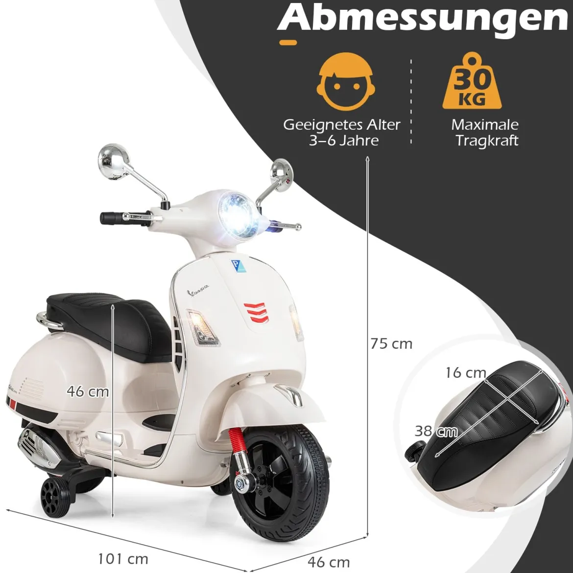 VESPA Kinder Motorrad mit LED-Scheinwerfer & Hupe Elektro Kindermotorrad Elektrofahrzeug Weiß