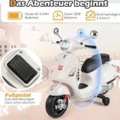 VESPA Kinder Motorrad mit LED-Scheinwerfer & Hupe Elektro Kindermotorrad Elektrofahrzeug Weiß