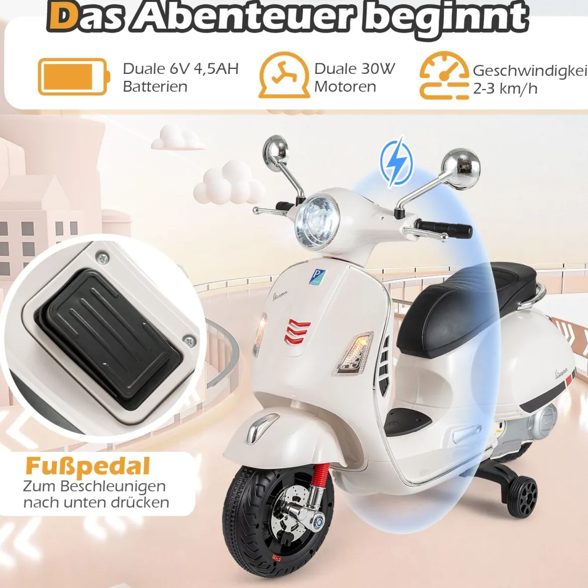 VESPA Kinder Motorrad mit LED-Scheinwerfer & Hupe Elektro Kindermotorrad Elektrofahrzeug Weiß