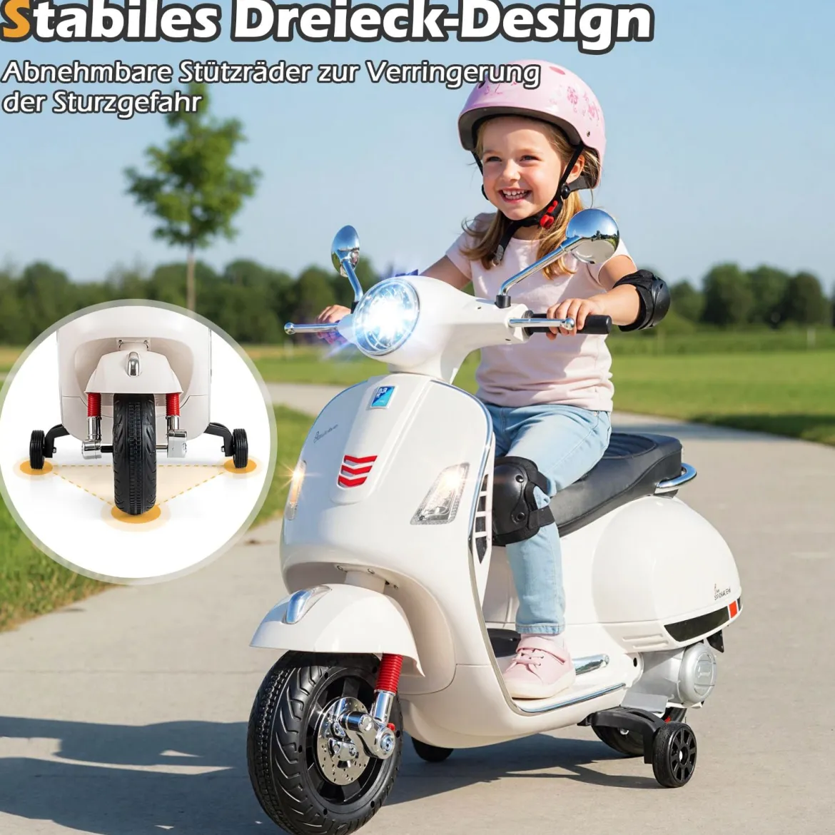 VESPA Kinder Motorrad mit LED-Scheinwerfer & Hupe Elektro Kindermotorrad Elektrofahrzeug Weiß