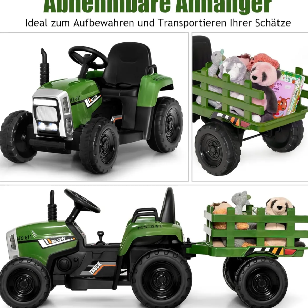 12V 3-Gang Traktor mit Abnehmbarem Anhänger & 2,4G Fernbedienung Kinder Aufsitztraktor