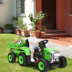 12V 3-Gang Traktor mit Abnehmbarem Anhänger & 2,4G Fernbedienung Kinder Aufsitztraktor