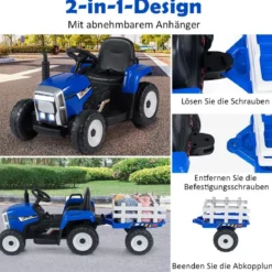 12V 3-Gang Traktor mit Abnehmbarem Anhänger & 2,4G Fernbedienung Kinder Aufsitztraktor
