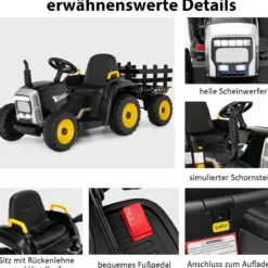 12V 3-Gang Traktor mit Abnehmbarem Anhänger & 2,4G Fernbedienung Kinder Aufsitztraktor