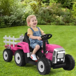 12V 3-Gang Traktor mit Abnehmbarem Anhänger & 2,4G Fernbedienung Kinder Aufsitztraktor