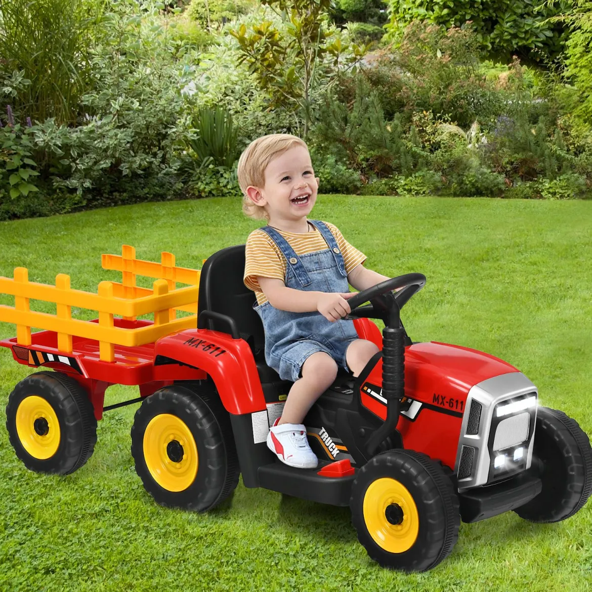 12V 3-Gang Traktor mit Abnehmbarem Anhänger & 2,4G Fernbedienung Kinder Aufsitztraktor