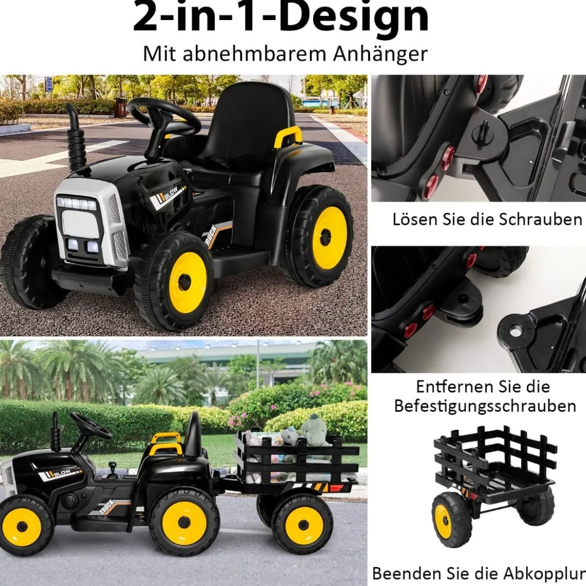 12V 3-Gang Traktor mit Abnehmbarem Anhänger & 2,4G Fernbedienung Kinder Aufsitztraktor