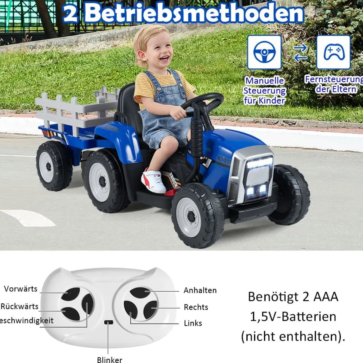 12V 3-Gang Traktor mit Abnehmbarem Anhänger & 2,4G Fernbedienung Kinder Aufsitztraktor
