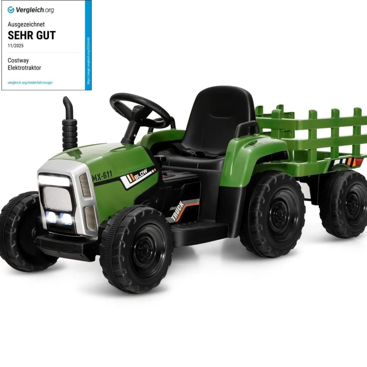 12V 3-Gang Traktor mit Abnehmbarem Anhänger & 2,4G Fernbedienung Kinder Aufsitztraktor