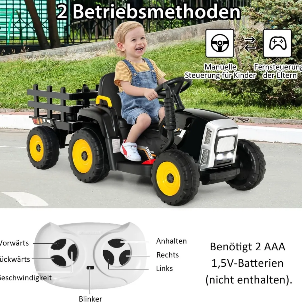 12V 3-Gang Traktor mit Abnehmbarem Anhänger & 2,4G Fernbedienung Kinder Aufsitztraktor