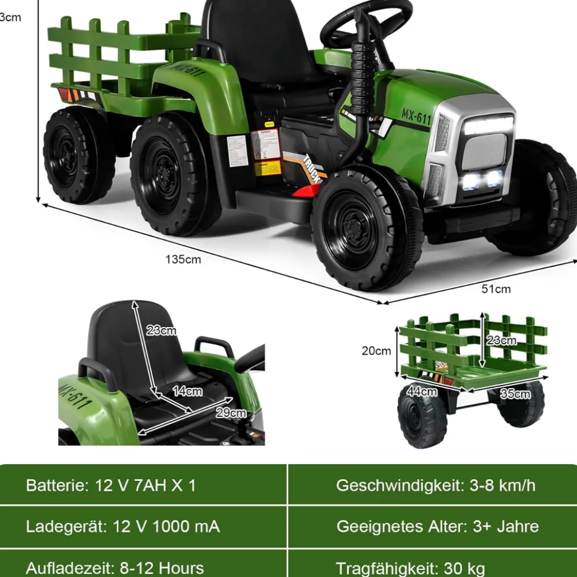 12V 3-Gang Traktor mit Abnehmbarem Anhänger & 2,4G Fernbedienung Kinder Aufsitztraktor