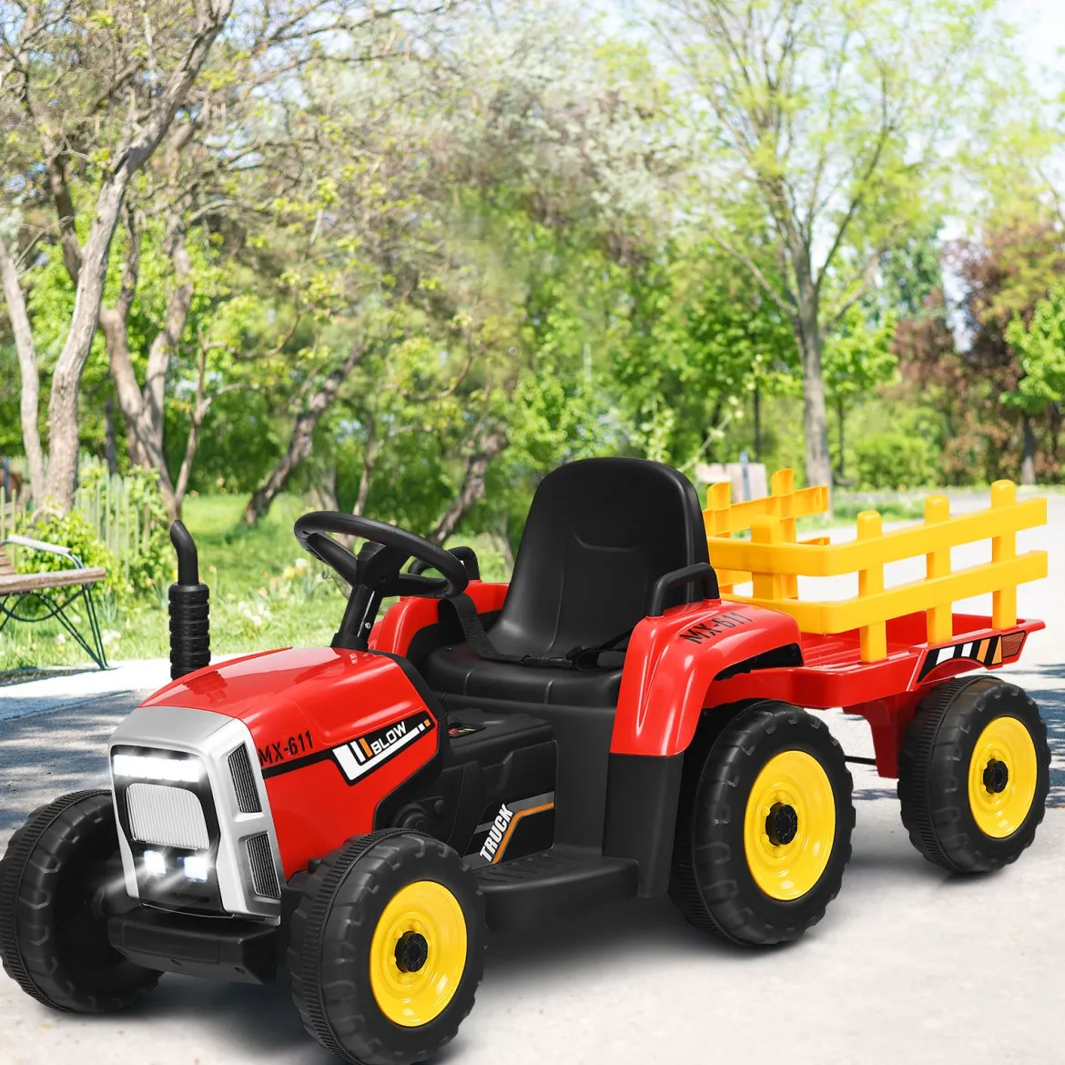12V 3-Gang Traktor mit Abnehmbarem Anhänger & 2,4G Fernbedienung Kinder Aufsitztraktor