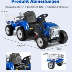 12V 3-Gang Traktor mit Abnehmbarem Anhänger & 2,4G Fernbedienung Kinder Aufsitztraktor