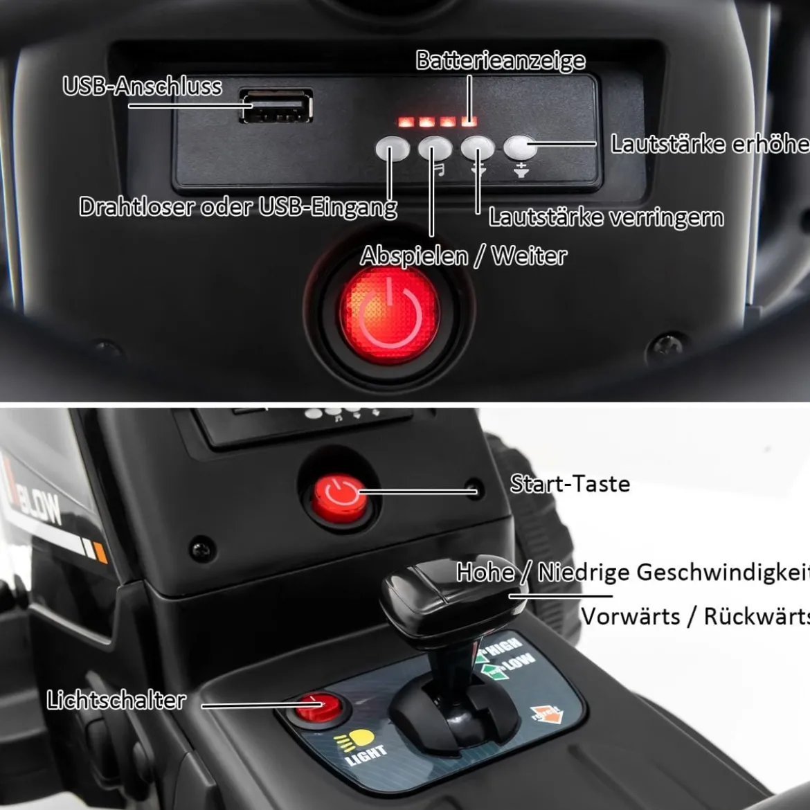 12V 3-Gang Traktor mit Abnehmbarem Anhänger & 2,4G Fernbedienung Kinder Aufsitztraktor