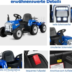 12V 3-Gang Traktor mit Abnehmbarem Anhänger & 2,4G Fernbedienung Kinder Aufsitztraktor