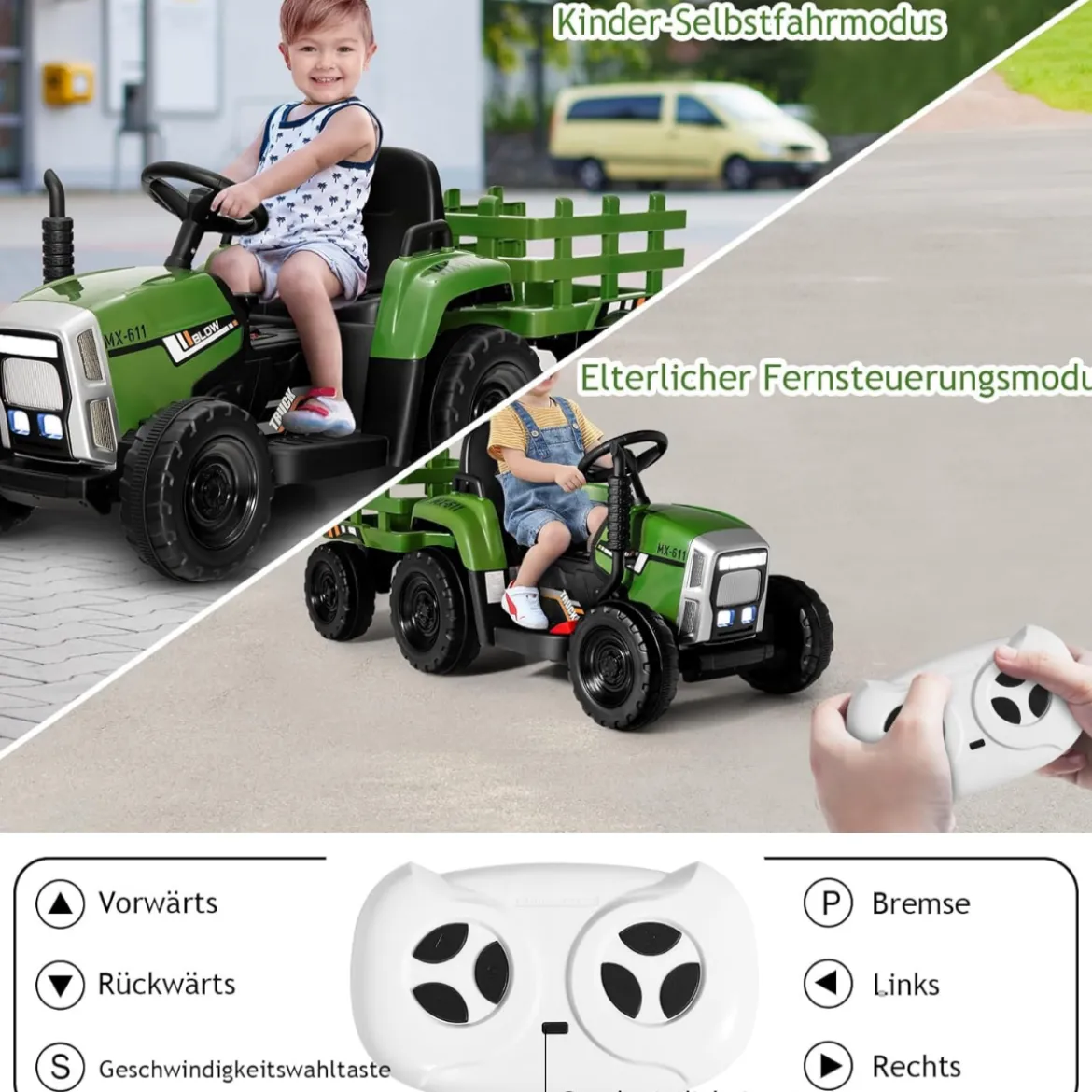 12V 3-Gang Traktor mit Abnehmbarem Anhänger & 2,4G Fernbedienung Kinder Aufsitztraktor