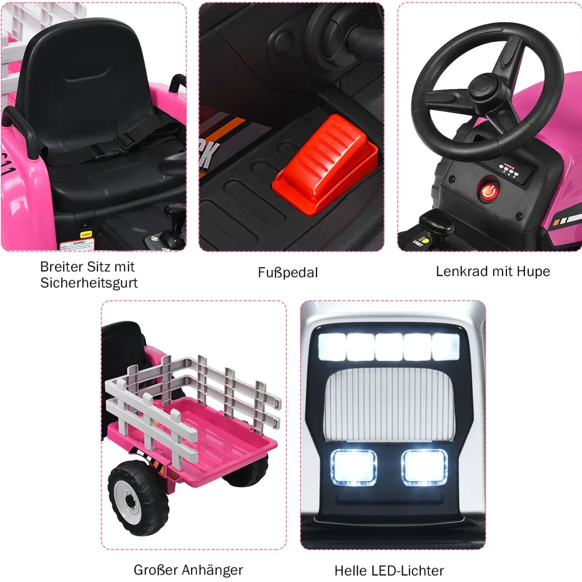 12V 3-Gang Traktor mit Abnehmbarem Anhänger & 2,4G Fernbedienung Kinder Aufsitztraktor