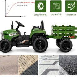12V 3-Gang Traktor mit Abnehmbarem Anhänger & 2,4G Fernbedienung Kinder Aufsitztraktor