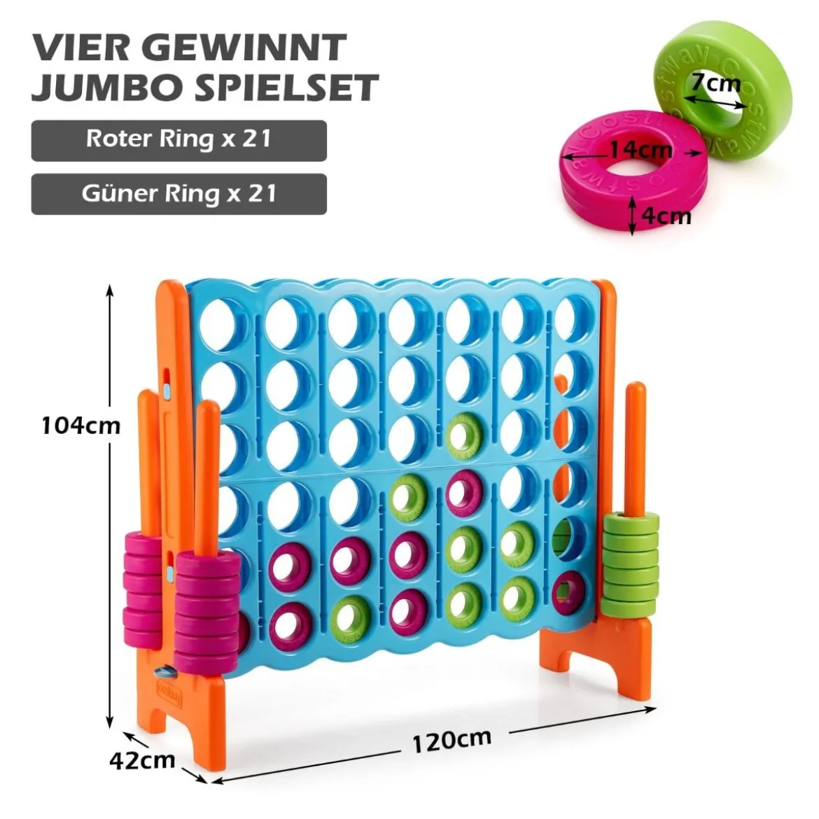 Vier-Gewinnt Spiel Vier in Einer Reihe Spiel mit 42 Jumbo Ringen 120 x 42 x 104 cm Blau + Orange