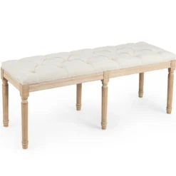 Vintage Eingangsbank mit Massiven Gummibaumholzbeinen Gepolsterte Bettbank Sitzbank Beige