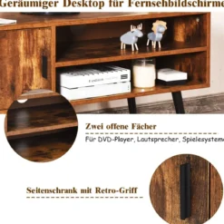 Vintage Fernsehtisch mit Staufach und 2 Offenen Fächern für Fernseher bis zu 42 Zoll