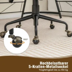 Vintage gepolsterter Bürostuhl mit Armlehnen aus Gummiholz und 5-Krallen-Metallfuß höhenverstellbarer Rollstuhl aus SamtBeige