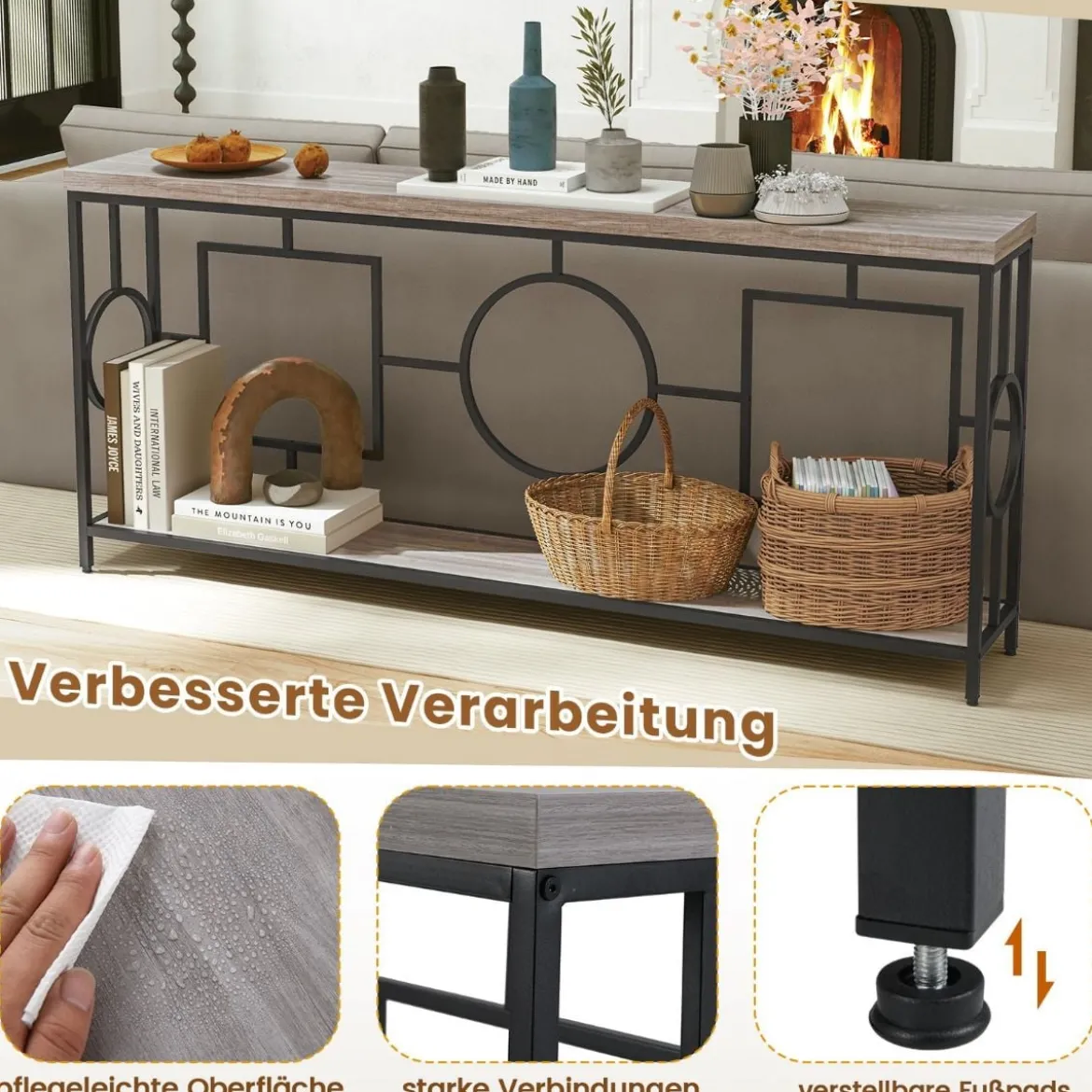 Vintage Konsolentisch 180cm Flurtisch mit 2 Ebenen Sofatisch schmal mit Metallgestell