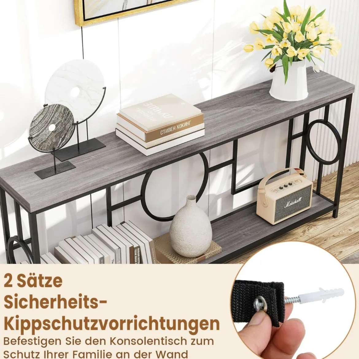 Vintage Konsolentisch 180cm Flurtisch mit 2 Ebenen Sofatisch schmal mit Metallgestell