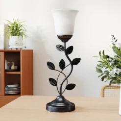 Vintage Nachttischlampe mit Tulpen-Glaslampenschirm & Metallblättern Retro Nachttischlampe