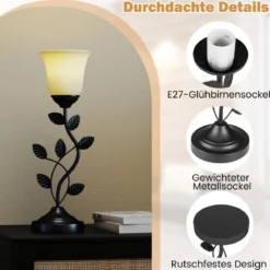 Vintage Nachttischlampe mit Tulpen-Glaslampenschirm & Metallblättern Retro Nachttischlampe