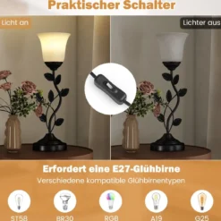 Vintage Nachttischlampe mit Tulpen-Glaslampenschirm & Metallblättern Retro Nachttischlampe