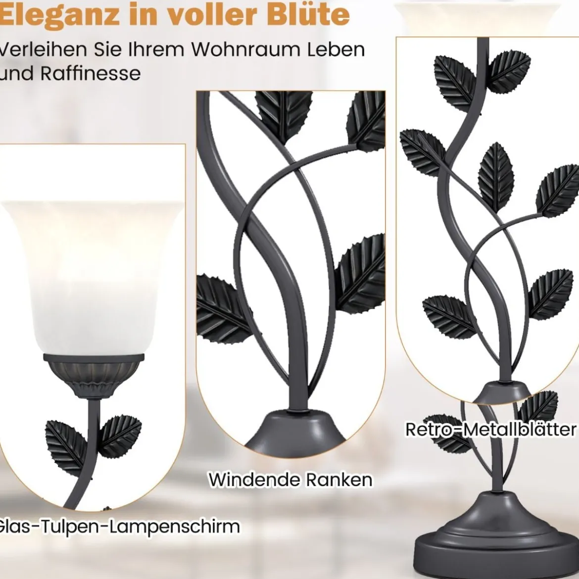 Vintage Nachttischlampe mit Tulpen-Glaslampenschirm & Metallblättern Retro Nachttischlampe