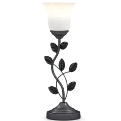Vintage Nachttischlampe mit Tulpen-Glaslampenschirm & Metallblättern Retro Nachttischlampe