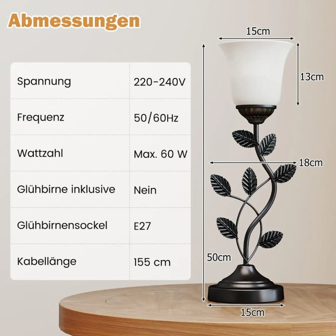 Vintage Nachttischlampe mit Tulpen-Glaslampenschirm & Metallblättern Retro Nachttischlampe