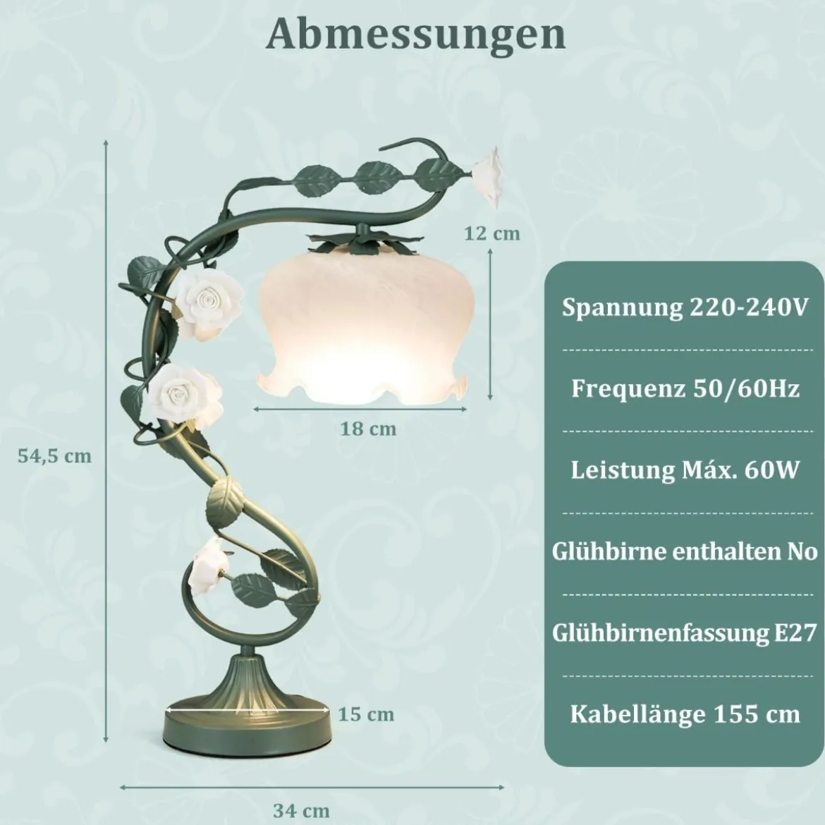 Vintage Nachttischlampe mit Maiglöckchen-Glasschirm & 6 Keramikrosen & Metallblätter Retro Tischlampe