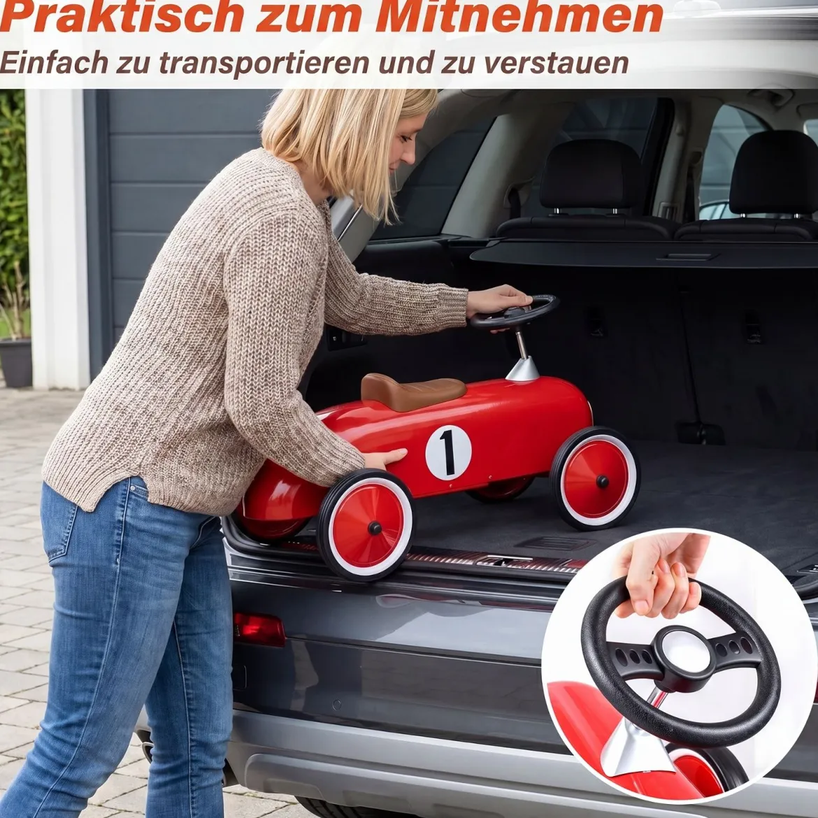 Vintage Rutschauto aus Metall für Kleinkinder ab 18 Monaten Weiß/Schwarz/Rot
