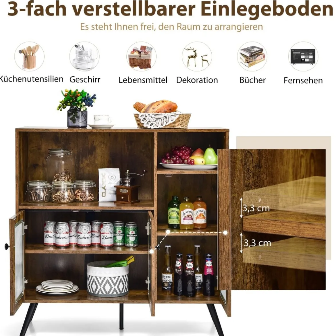 Vintage Sideboard mit Verstellbaren Einlegeböden für Ess- / Wohn- / Arbeitszimmer Rustikales Braun