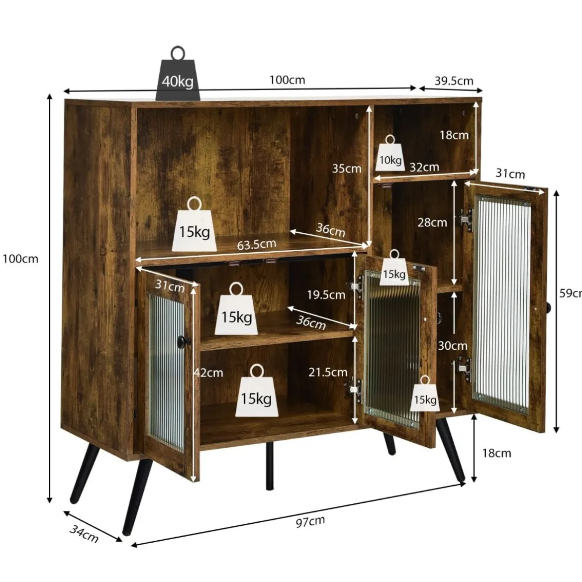 Vintage Sideboard mit Verstellbaren Einlegeböden für Ess- / Wohn- / Arbeitszimmer Rustikales Braun