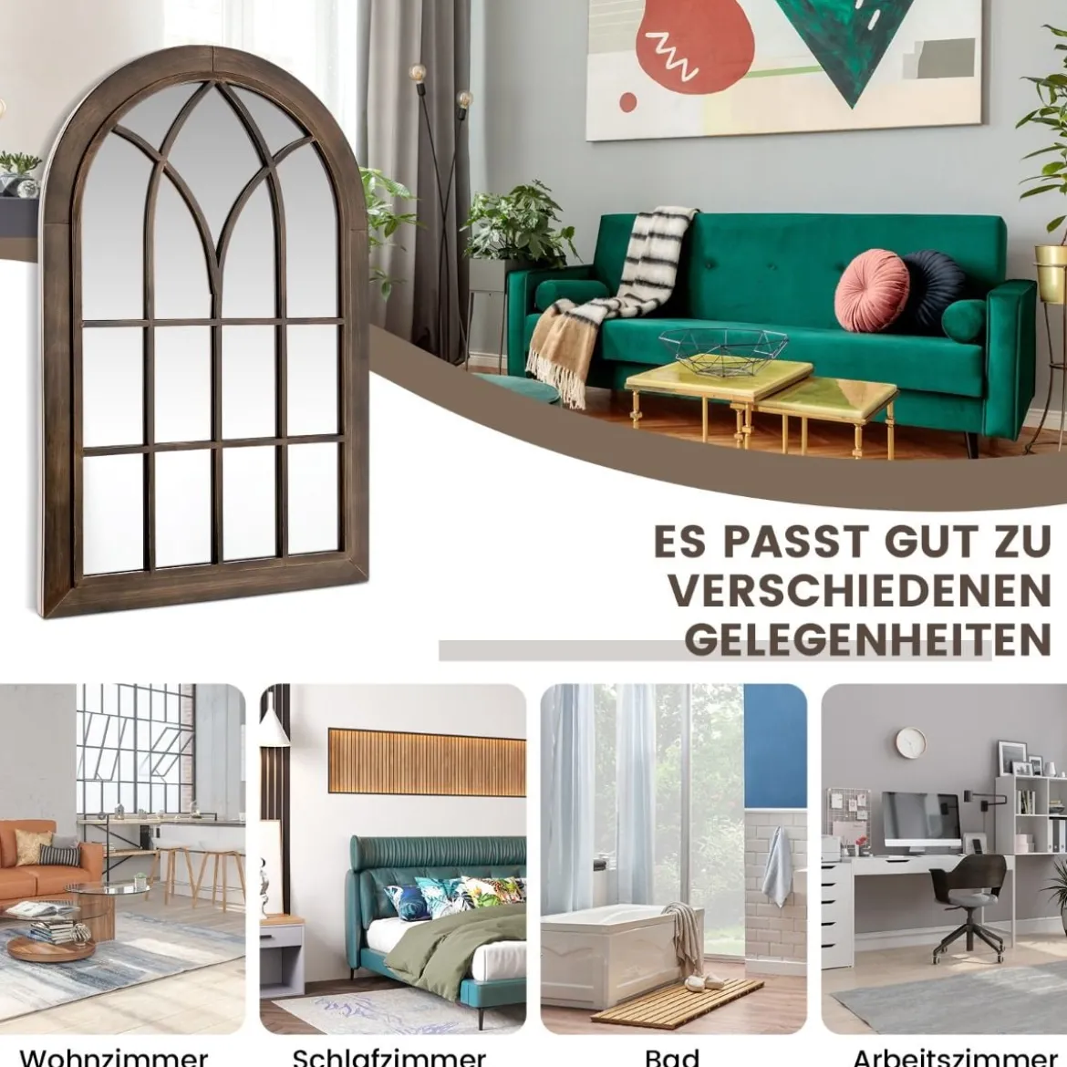 Vintage Wandspiegel mit Metallrahmen 3-lagiger Gewölbter Spiegel Rustikales Braun